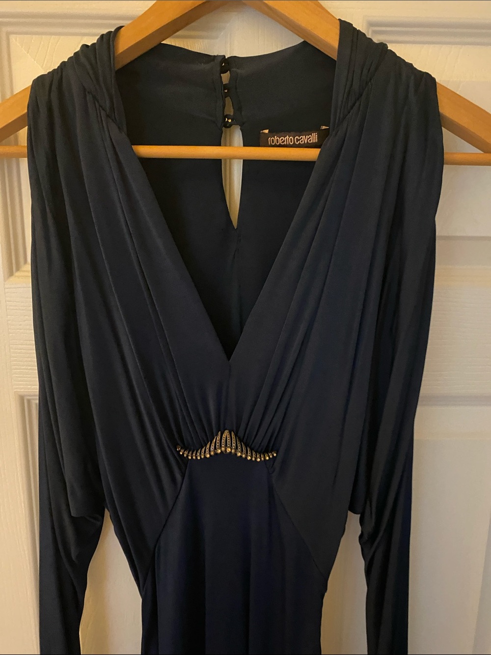Roberto Cavalli Navy Plunging V-Neck Long Sleeve Dress with Gold Accent